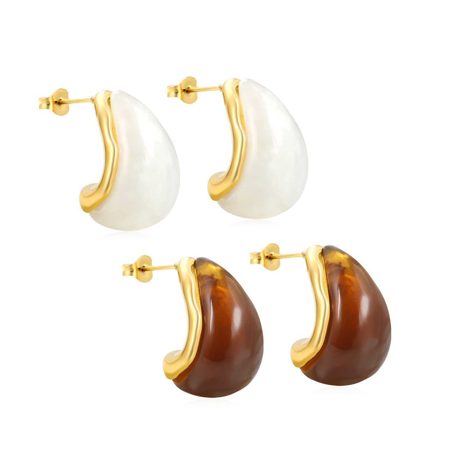 15.2*23.5mm semi-curved teardrop white/amber resin stud earrings gold color asonjewelry